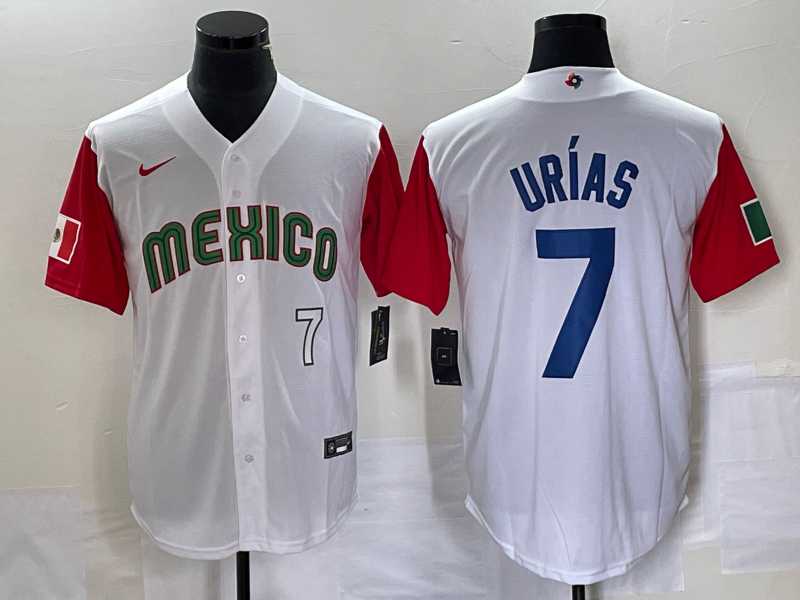 Men%27s Mexico Baseball #7 Julio Urias Number 2023 White Red World Classic Stitched Jersey4